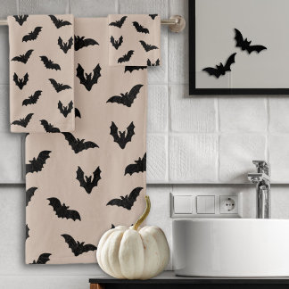 Conjunto De Toalhas Morcegos Assustadores Pretos Taupe Halloween Vinta