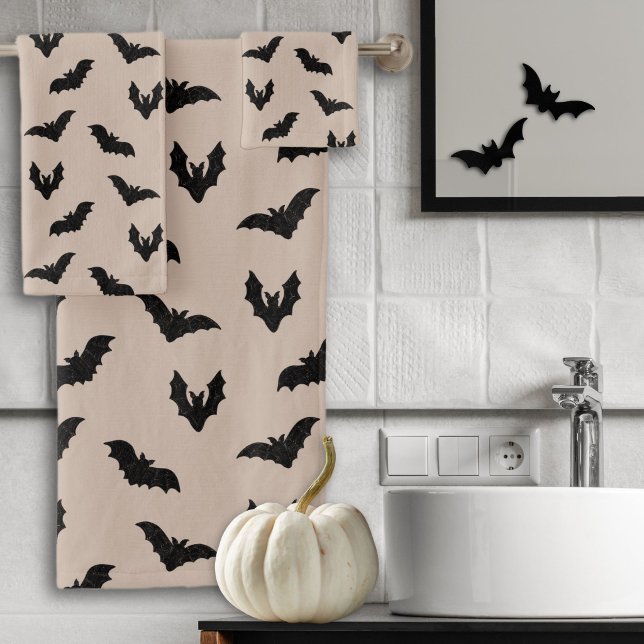 Conjunto De Toalhas Morcegos Assustadores Pretos Taupe Halloween Vinta (Criador carregado)