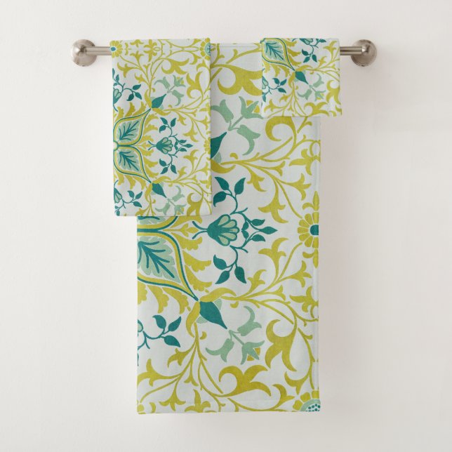 Conjunto De Toalhas Morris Yellow Turquoise Vine & Flower Patterno (Insitu)