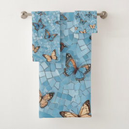 Conjunto De Toalhas Mosaico Azul Claro Com Borboletas