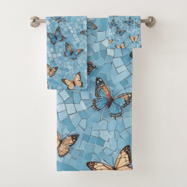 Conjunto De Toalhas Mosaico Azul Claro Com Borboletas (Insitu)