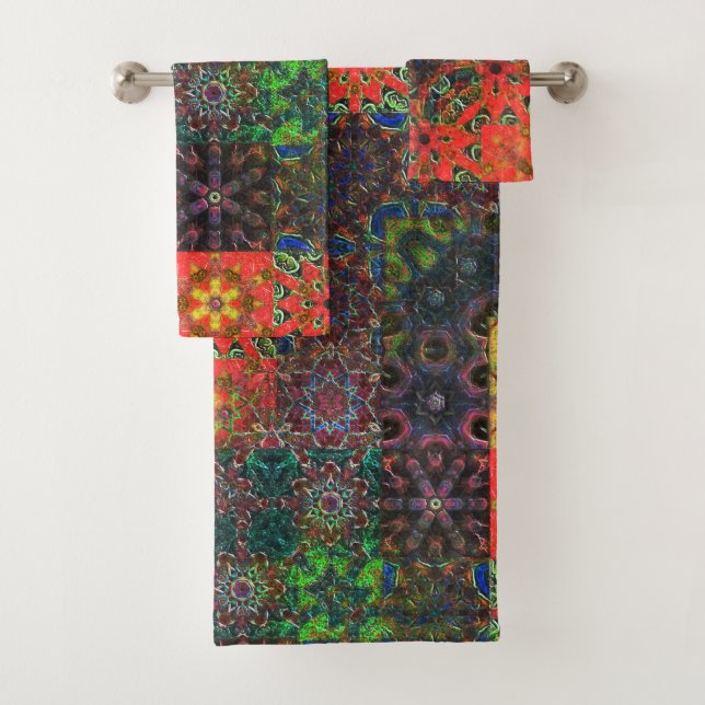 Conjunto De Toalhas Mosaico caleidoscópio verde e coral envelhecido (Insitu)