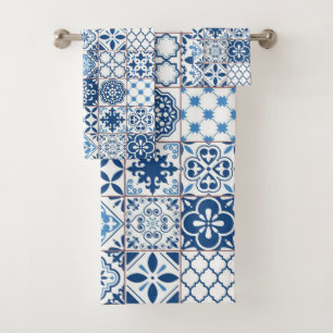 Conjunto De Toalhas Mosaico de Azulejo Azul Índigo Mediterrâneo Orname