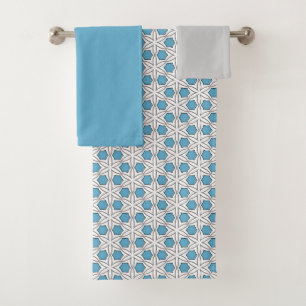 Conjunto De Toalhas Mosaico Floral Branco e Azul