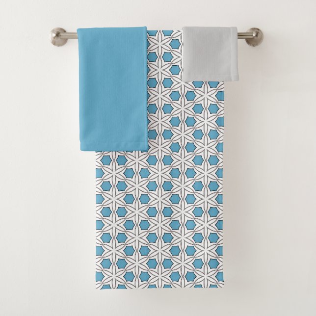 Conjunto De Toalhas Mosaico Floral Branco e Azul (Insitu)
