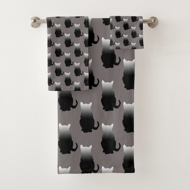 CONJUNTO DE TOALHAS MOTIF GRADIENTE DE GATO PRETO E BRANCO NA CINZA DE (Insitu)