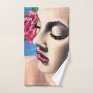 Conjunto De Toalhas Mulher Bela com Rosa vermelha - Pintura Original