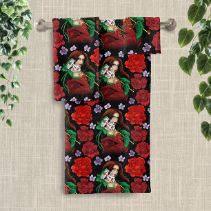 Conjunto De Toalhas Mulher Elegante Máscara Veneziana Vermelho Verde