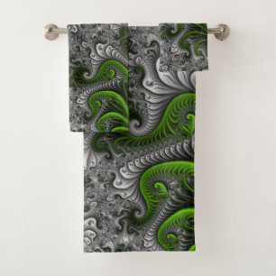 Conjunto De Toalhas Mundo Fantasia Verde e Cinza Arte Fractal Abstrata