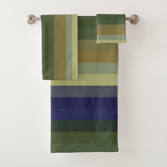 Conjunto De Toalhas Muted Sage Blues & Olive Green Stripes  (Insitu)