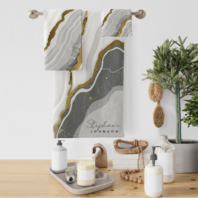 Conjunto De Toalhas Na moda White Marble cinza Agitar Glitter Dourado (Stylish White Marble gray Agate Gold Glitter Bath Towel Set)