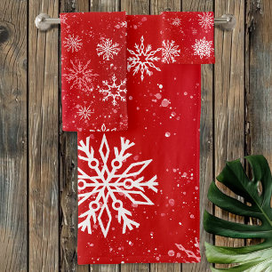 Conjunto De Toalhas Natal Branco Festivo Rubi Vermelho com Flocos de N