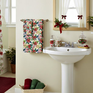 Conjunto De Toalhas Natal com padrão de poinsettia e azevinho em aquar