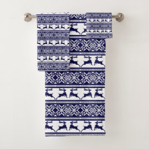 Conjunto De Toalhas Natal, Escandinavo Folk Azul e Branco