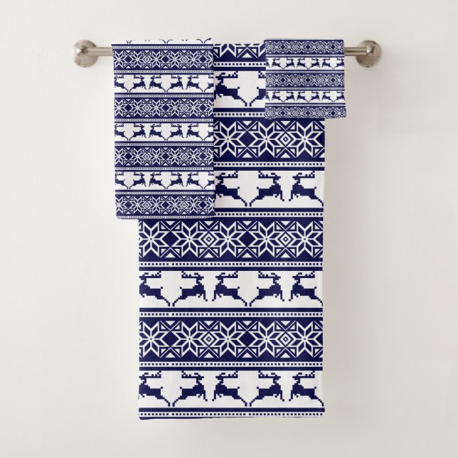Conjunto De Toalhas Natal, Escandinavo Folk Azul e Branco (Insitu)