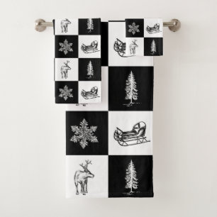 Conjunto De Toalhas Natal Preto e Branco Festivo Moderno