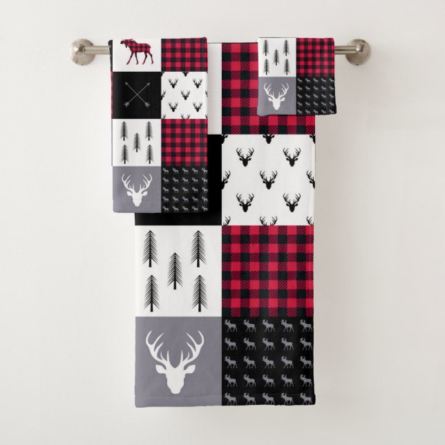 Conjunto De Toalhas Natal Rustico de Xadrez Búfalo Remendado Vermelho  (Insitu)