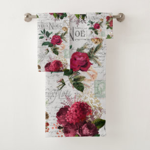 Conjunto De Toalhas Natal vintage Rosa Joyeux Noel Ephemera