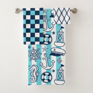 Conjunto De Toalhas Nautical Doodles – Listra Costeira Turquesa e Azul