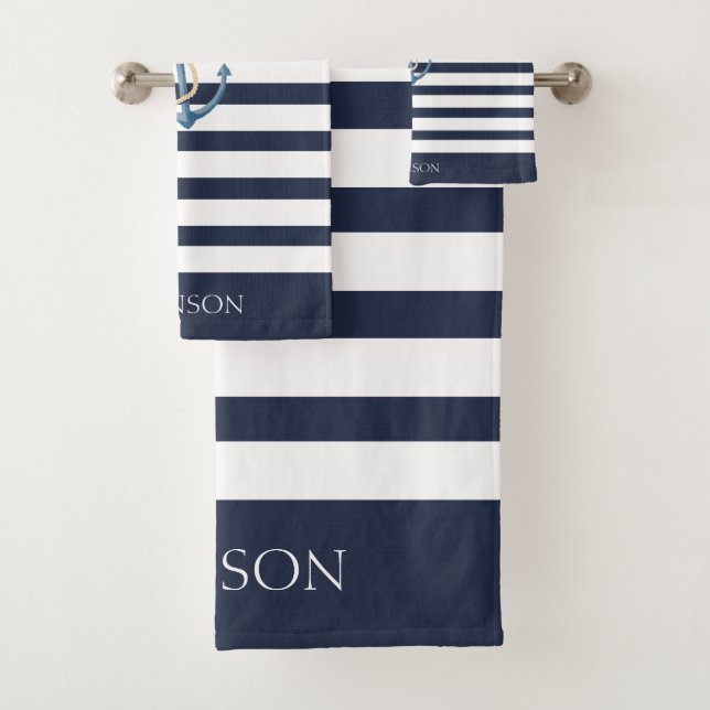 Conjunto De Toalhas Nautical Navy Blue White Striped Anchor (Insitu)