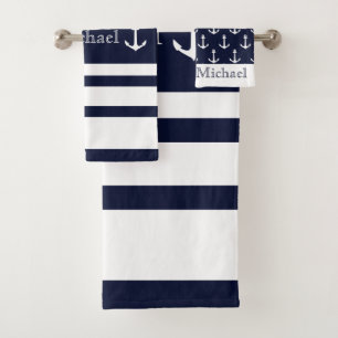 Conjunto De Toalhas Náutico Costeiro Azul Marinho Listras Brancas Nome