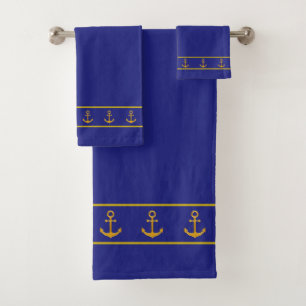 Conjunto De Toalhas Náutico, Elegante, Âncoras Douradas em Azul Marinh