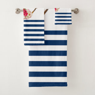 Conjunto De Toalhas Náutico, Flores de Âncora Azul Marinho Listras Bra