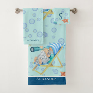 Conjunto De Toalhas Náutico Gnomo Monograma Nome Azul Teal