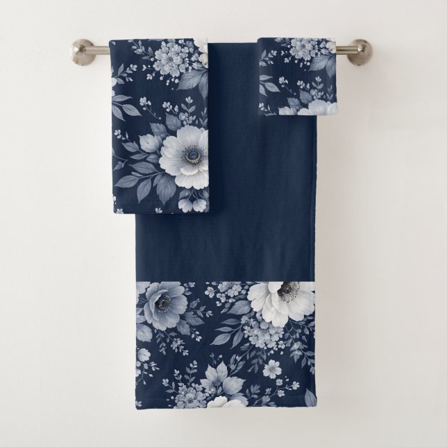 Conjunto De Toalhas navy blue flowers modern decorative bathroom  (Insitu)