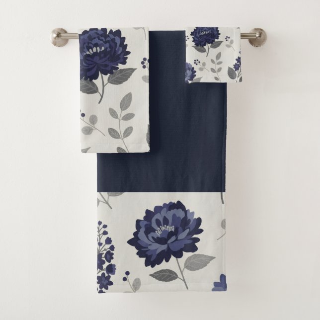 Conjunto De Toalhas navy blue flowers modern decorative bathroom  (Insitu)