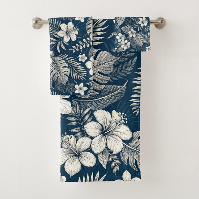 Conjunto De Toalhas Navy Blue Hibiscus Monstera Tropical Botanical (Insitu)