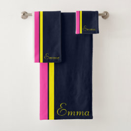 Conjunto De Toalhas Navy Cursivo Amarelo E Rosa Listrado 