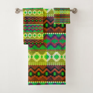 Conjunto De Toalhas Neon Green e laranja padrão aztec