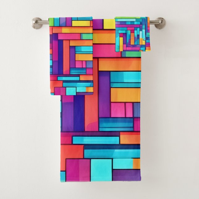 Conjunto De Toalhas Neon Grid - Abstrato Mosaico Colorido (Insitu)