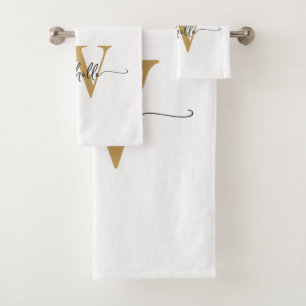 Conjunto De Toalhas Nome com Monograma em Ouro Branco com Letra Modern