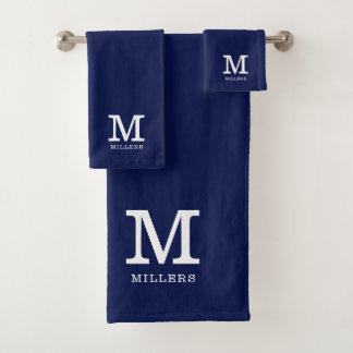 Conjunto De Toalhas Nome Da Família Monograma Moderno Marinho Azul E B