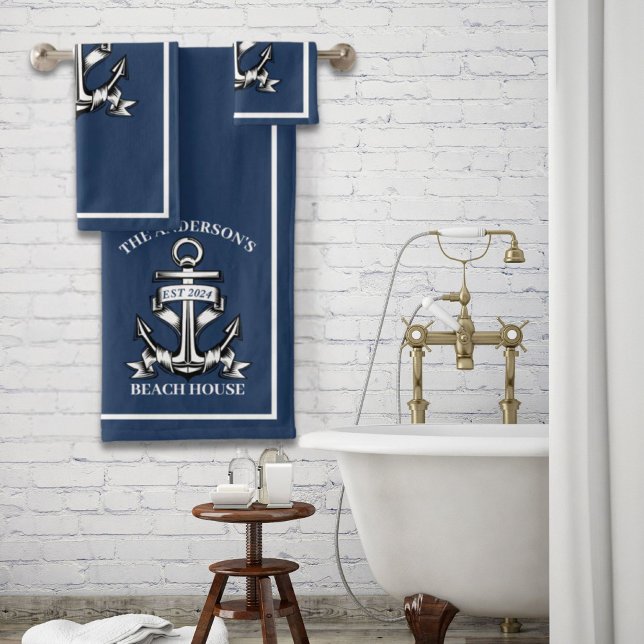 Conjunto De Toalhas Nome da Família Náutica Beach House Est Ship Ancho (Nautical Beach House Family Name Est Ship Anchor Bath Towel Set)