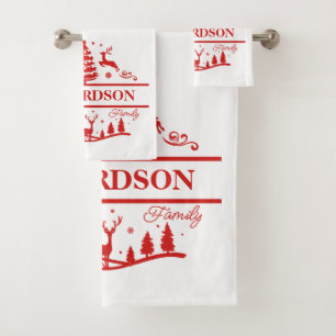 Conjunto De Toalhas Nome da Família Personalizada Red White Christmas