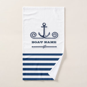 Conjunto De Toalhas Nome de Barco Náutico, Âncora, Corda, Listras Azul