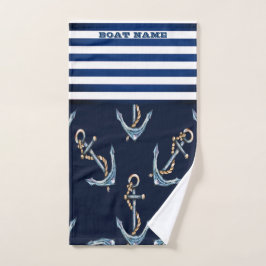 Conjunto De Toalhas Nome de Barco Náutico, Âncoras Listras Azul Marinh