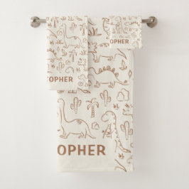 Conjunto De Toalhas Nome de Menino Dinossauros Dino Fofo Boho Bege Sel