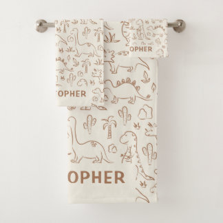 Conjunto De Toalhas Nome de Menino Dinossauros Dino Fofo Boho Bege Sel