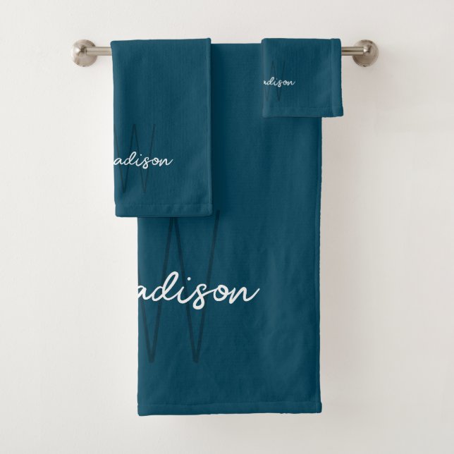 Conjunto De Toalhas Nome de Monograma Moderno Azul (Insitu)
