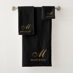 Conjunto De Toalhas Nome de Script Dourado do Monograma Elegante Preto
