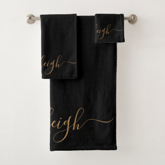 Conjunto De Toalhas Nome de Script Dourado Elegante Moderno Preto