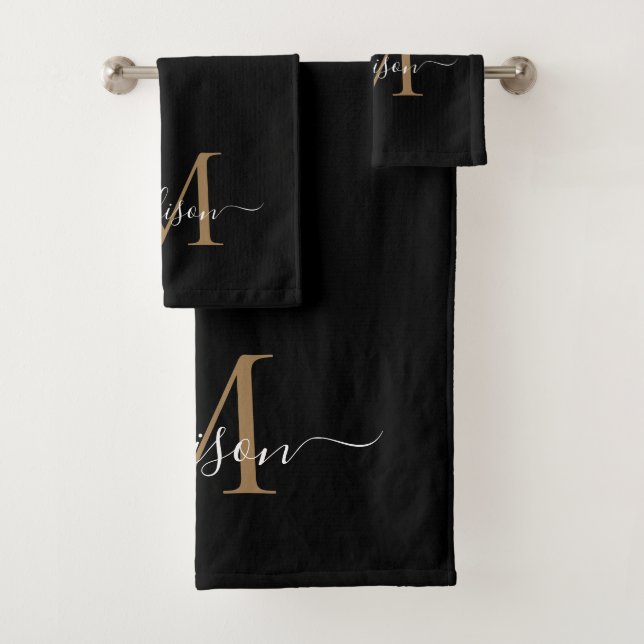 Conjunto De Toalhas Nome de Script Moderno do Monograma Dourado Preto  (Insitu)