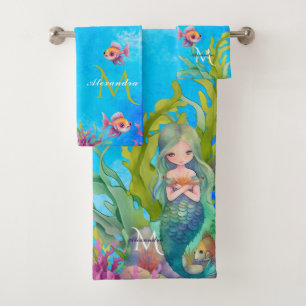 Conjunto De Toalhas Nome do Monograma de Cor Azul Sereia