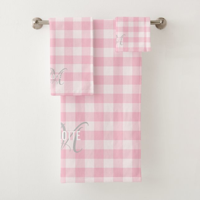 Conjunto De Toalhas Nome do monograma de gingham branco-rosa-chic (Insitu)