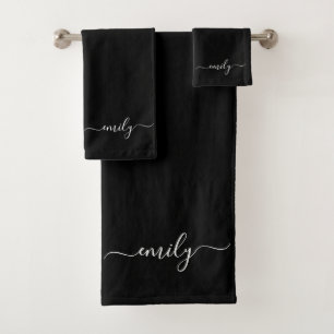 Conjunto De Toalhas Nome do Monograma de Script Moderno Preto e Branco