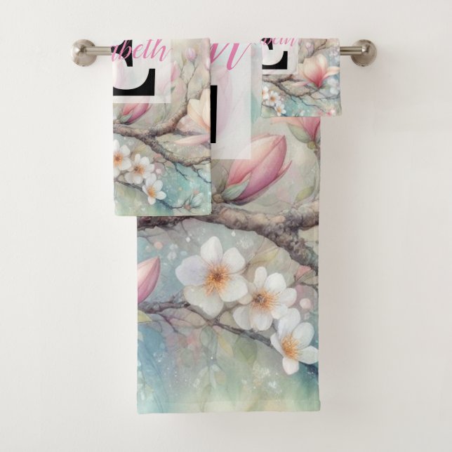 Conjunto De Toalhas Nome do monograma na aquarela Flores nos pastéis (Insitu)